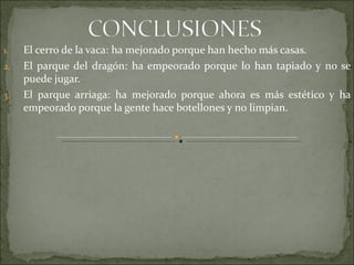 1.   El cerro de la vaca: ha mejorado porque han hecho más casas.
2.   El parque del dragón: ha empeorado porque lo han tapiado y no se
     puede jugar.
3.   El parque arriaga: ha mejorado porque ahora es más estético y ha
     empeorado porque la gente hace botellones y no limpian.
 