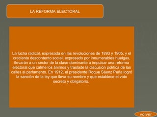 LA REFORMA ELECTORAL




 La lucha radical, expresada en las revoluciones de 1893 y 1905, y el
 creciente descontento social, expresado por innumerables huelgas,
  llevarán a un sector de la clase dominante a impulsar una reforma
 electoral que calme los ánimos y traslade la discusión política de las
calles al parlamento. En 1912, el presidente Roque Sáenz Peña logró
    la sanción de la ley que lleva su nombre y que establece el voto
                          secreto y obligatorio.




                                                                          volver
 