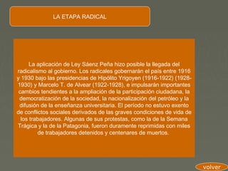 LA ETAPA RADICAL




      La aplicación de Ley Sáenz Peña hizo posible la llegada del
radicalismo al gobierno. Los radicales gobernarán el país entre 1916
y 1930 bajo las presidencias de Hipólito Yrigoyen (1916-1922) (1928-
1930) y Marcelo T. de Alvear (1922-1928), e impulsarán importantes
 cambios tendientes a la ampliación de la participación ciudadana, la
 democratización de la sociedad, la nacionalización del petróleo y la
 difusión de la enseñanza universitaria. El período no estuvo exento
de conflictos sociales derivados de las graves condiciones de vida de
  los trabajadores. Algunas de sus protestas, como la de la Semana
Trágica y la de la Patagonia, fueron duramente reprimidas con miles
          de trabajadores detenidos y centenares de muertos.




                                                                        volver
 