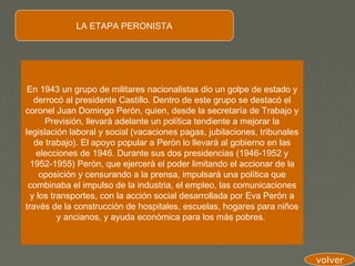 LA ETAPA PERONISTA




 En 1943 un grupo de militares nacionalistas dio un golpe de estado y
   derrocó al presidente Castillo. Dentro de este grupo se destacó el
coronel Juan Domingo Perón, quien, desde la secretaría de Trabajo y
      Previsión, llevará adelante un política tendiente a mejorar la
legislación laboral y social (vacaciones pagas, jubilaciones, tribunales
   de trabajo). El apoyo popular a Perón lo llevará al gobierno en las
    elecciones de 1946. Durante sus dos presidencias (1946-1952 y
  1952-1955) Perón, que ejercerá el poder limitando el accionar de la
     oposición y censurando a la prensa, impulsará una política que
 combinaba el impulso de la industria, el empleo, las comunicaciones
  y los transportes, con la acción social desarrollada por Eva Perón a
través de la construcción de hospitales, escuelas, hogares para niños
          y ancianos, y ayuda económica para los más pobres.



                                                                           volver
 