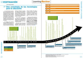 • A Synoptic E-learning Timeline http://neuf.cprost.sfu.ca/digest/digests/digest-19/a-synoptic-e-learning-timeline
• Diseño Producción e Implementación de e-Learning. Mariano L. Bernardez.
• eLearning 101. Bryant Consulting Group, LLC.
• Online Learning History. Moodle Docs. http://docs.moodle.org/en/Online_Learning_History
• The DNA of eLearning. Jay Cross & Ian Hamilton.
• The State of e-Learning: Looking at History with the Technology Hype Cycle. Kevin Kruse.
• Wikipedia – History of virtual learning environments.
Una cronología de las tecnologías
para la educación
VESTIGACIÓN
La incorporación de la tecnolo-
gía en los usos cotidianos del hom-
bre es una tendencia que en las úl-
timas décadas ha ido in crescendo.
Aprender, es una de las necesidades
primordiales del hombre. Práctica-
mente toda innovación en materia
de tecnología de la información y
comunicación ha sido adaptada a
usos educativos. Desde el dictado
de cursos por radio, hasta la ac-
tualidad en que la proliferación de
dispositivos móviles hace que poda-
mos aprender en la palma de nues-
tras manos.
Sin embargo, este “crescendo”
tuvo un vertiginoso ascenso en la
década del ´90 y de entrada al nue-
vo milenio. El e-Learning generó un
boom en este período; hasta el pun-
to que se creyó que el aprendizaje
electrónico desplazaría al tradicio-
nal. Pasado el auge, la tendencia
fue menguando, combinando ele-
mentos tecnológicos con tradicio-
nales. Hoy en día, ante la reciente
proliferación de herramientas web
2.0, la educación mediada por tec-
nologías recibe nuevos aportes, y
renueva sus métodos.
Por otro lado, la multiplicación
de sistemas de administración/
gestión de aprendizaje (LMSs) de
código abierto, en cierta forma de-
mocratizan las herramientas, po-
niéndolas disponibles a una mayor
cantidad de usuarios.
Vale aclarar, que si bien hubo
momentos de auge de diferentes
tecnologías ninguna terminó por
desplazar a otras, sino que actual-
mente se integran entre ellas, y
se aplican según las necesidades
educativas de cada proyecto. Así,
el e-Learning 1.0 convive con el e-
Learning 2.0. Los blends integran
encuentros presenciales, con he-
rramientas móviles, foros en línea,
etc..
Dado que un Informe Especial so-
bre Tecnologías para e-Learning no
podía dejar de contar con el aporte
de la historia, para comprender el
presente y el futuro de las tecnolo-
gías educativas, desde LEARNING
REVIEW nos propusimos investigar
la evolución de dichas herramien-
tas. Siguiendo con el espíritu didác-
tico, aquí presentamos un mapa de
esa historia, con sus principales ten-
dencias, hitos y momentos.
14 15
La era CBT (Computer Based Training). Materiales educativos presentados en CD-ROM o diskettes, sin conexión a la Red ni enlaces a recursos externos.
Se incorpora fuertemente Internet al eLearning.
Se hace foco en el Blended Learnng, integrando tecnología con interacción presencial.
El auge de los Learning Management Systems.
LaUniversidadEstataldePennsylvaniatransmitecursosatra-
vésdelaradio.
LaUniversidadEstataldeIowacomienza
cursostelevisadosdeasignaturascomohi-
gienebucal,eidentificacióndeconstelacio-
nesdeestrellas.
Conlaintroduccióndelosprimerosmain-
framescomoENIACyUNIVACI-nacenlos
primerosprogramaseducacionalesbasa-
dosencomputadoras,conelpropósitode
entrenaralpersonalaingresardatosen
ellas.
LaFundaciónFordcomienzaaofrecerbe-
casparaeldesarrollodeprogramaseduca-
cionalestelevisados.
LaOpenUniversitydeLondresiniciasusprimerosprogramaspor
radioytelevisión.
SecrealaUNED(UniversidadNacionaldeEducaciónaDistancia),
enEspaña.
SeabrelaUniversidaddePhoenix,laprimeraUniversidadenEsta-
dosUnidosenofrecercursosonline.
•EnelCentrodeInvestigaciónXeroxdePaloAltosurgeDynabo-
ok,unacomputadoraenformadelibroqueejecutasimulaciones
educativasdinámicas.PrimerasnocionesdeMobileLearning.
•LaUNEDintegraradioytelevisiónasusprogramas.
ComputerAssistedLearningCenter(CALC):estecentrofundado
enRindge,NewHampshire,esunpequeñocentrodeenseñanza
paraadultosbasadoencomputadorasconlapremisadebrindar
instruccióndecalidadapreciosaccesiblesaindividuos,atravésde
ordenadores.
IBMcrealaInteractiveSatelliteEducationNetwork,unaredde
capacitacióncorporativautilizandotelevisiónsatelital.
NacePalmEducationPioneersproject.LaPalmCorporationofrecefinanciaciónauniversidades
ycompañíasquecreenypruebenelusodelMobileLearningenlaplataformaPalmOS.
LaElectronicUniversityNetworkcambiasufocoycomienzaaayudarauniver-
sidadesadesarrollarcampusvirtualesonlineenAmericaOnline.
EscuelaVirtualdeVeranodelaOpenUniversity.LapionerainstitucióndeEaD
británicalanzóunprogramaexperimentaldecursoselectrónicosdeverano.
•CALCampus.comfueelprimeroendesarrollarelconceptodeunaescuelatotalmente
onlineconaulasymaterialesentiemporeal.Estomarcóunadiferenciaentreelmodelo
deEaDdondeelestudiantesemanteníaaisladodesusparesysustutores.
•NacelaUOC,conuncursopilotocon2titulacionesy200estudiantes.
SerealizaelcongresoTECHLEARN97.
neseroirepussosergniartsigergniniarTdesaBretupmoCaírotlusnocedaserpmeaL
losprogramasdee-LearningvíaInternetqueenlospresenciales.
Aparecennumerososportaleseducativosincluyendo:HungryMinds,Click2Learn,
Learn2,yeCollege,entreotros.
•Seacuñaeltérminoe-Learningparahablardeaprendizajebasadoentecnologías.
•LaComisiónEuropeafundalosproyectosmultinacionalesMOBIlearnyM-Learning.
•LaUNEDincorporaprogramasdeformaciónonline.
VariasgrandesUniversidadesabrensuscampusenSecondLife.
LaElectronicUniversityNetworkofrecesusprimeroscursosonline
usandosoftwarepropietarioparaDOSylosordenadoresCommo-
dore64.
FundacióndeInternet.
19221922 19341934 19461946 19501950 19601960 19691969 19711971 19721972 19761976 19801980 19821982 19831983 19841984 19901990 19921992 19941994 19951995 19971997 19981998
19991999
20012001
20022
0
0
2
20042004
2005
2005
2007
2007
20002000
Tecnologíasparae-Learning
Por Victoria Esains
1985 - 1999
1997 - 2000
2001 - 2002
1998 - 2008
TECNOLOGÍAS
CRONOLOGÍA
TENDENCIAS
edavitacudeVTedorenoipamargorpnU
las universidades de Iowa, Purdue y Kansas
State college evoluciona hasta incluir cursos
complementarios de grado y un programa
bidireccional de cursos televisados auspicia-
do por CBS y la Universidad de New York
1
9
3
4
-
1
9
5
0
Nacen instituciones de educación online; algu-
nas Universidades dictan programas de carreras
completos en esta modalidad. Surgen las prime-
ras carreras de grado y posgrado sobre Tecnolo-
gía Educativa.
1
9
9
3
-
1
9
9
8
PLATO (Programmed Logic for Auto-
matic Teaching Operations): un siste-
ma desarrollado en la Universidad de
Illinois.
1960 1980
Surgen los primeros Learning Mana-
gement Systems (LMS).
1990
Universidades en Europa y Asia
desarrollan y evalúan Mobile Learning.
1997
Nacen: Macromedia Flash 1.0 y
Saba.
Surgen WebCT y Blackboard.
2001
Surgen los Learning Content Management System (LCMS). La creación
de contenidos educativos permite mayor trabajo e intervención de los
diseñadores instruccionales y los usuarios.
2002
Proliferan los LMSs Open Source; Moodle y ATutor cobran
protagonismo.
2004
La Web 2.0 da lugar al eLearning 2.0, donde las
comunidades y los usuarios ganan participación.
2000
Surge SCORM 1.0.
Primeras iniciativas de desarrollo de LMSs Open Source.
 