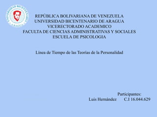 REPÚBLICA BOLIVARIANA DE VENEZUELA
UNIVERSIDAD BICENTENARIO DE ARAGUA
VICERECTORADO ACADEMICO
FACULTA DE CIENCIAS ADMINISTRATIVAS Y SOCIALES
ESCUELA DE PSICOLOGIA
Línea de Tiempo de las Teorías de la Personalidad
Profesora: Participantes:
Carmen Marín Luis Hernández C.I 16.044.629
 