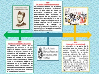 1930
La reforma ortográfica de Correas
La reforma más radical de la
ortografía del español es la que
propuso el Maestro Gonzalo Correas,
profesor de lenguas clásicas de la
Universidad de Salamanca, en su
obra Ortografía kastellana nueva i
perfeta. Su sistema es un riguroso
alfabeto fonético de 25 letras, ideado
«para ke la ortografía salga de la
esklavitud en ke la tienen los ke
estudiaron latín». No obstante, las
iniciativas individuales no consiguen
tener éxito hasta que en el siglo XVIII
se convierten en proyectos.
1996
Las Reales Academias Americanas
Se encuentra también las Academias
Americanas de la lengua y la ortografía
y en el año 1996 se fundó un
diccionario académico con los
americanismos. Este diccionario su
ubica dentro de un proyecto que
integra léxico y ortografía en el que se
incluyen todos los diccionarios de la
lengua española con el objetivo de
complementar y elaborar un
diccionario realmente completo en el
que se incluyan las palabras españolas
que se utilizan en América.
2020
Ortografía en la Actualidad
La ortografía es la parte de la
gramática que se ocupa de la
manera correcta de escribir las
palabras. También se le conoce
como un conjunto de reglas y
convenciones que rigen el sistema
de escritura normalmente
establecido para una lengua
estándar. La importancia de ésta
radica en que si no acatamos las
reglas ortográficas podemos cambiar
el sentido de las palabras o, en
algunas ocasiones, su significando.
 