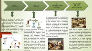 GRECIA ROMA
EL
COSMOPOLITISMO
ESTOICO
TRANSICIÓN
HACIA LA
MODERNIDAD
Grecia fue un inicio de muchas cosas
importantes, por ejemplo, de la democracia
y también de la filosofía, ámbitos que en
muchas ocasiones se separan pero que
según determinados autores están
intrínsecamente vinculados (cf. Castoriadis
1998, 1999). En materia política, Grecia
nos ha legado dos modelos que vamos
ahora a presentar y analizar: el modelo
ateniense y el modelo espartano.
El modelo representado por Roma, a
diferencia del griego (tanto en su vertiente
espartana como en la ateniense), mucho
más concentrado en el tiempo, ha
mantenido una prolongada vigencia
(material o teórica) durante unos quince
siglos. Sea considerada como una forma
de gobierno democrática o no desde el
punto de vista de la actualidad
(recordemos que república y democracia
no siempre son la misma cosa), lo que no
puede discutirse es que ha permitido
mantener un camino que es el que nos ha
conducido al momento en el que nos
encontramos
Su propuesta cosmopolita sólo desde hace
relativamente poco se está considerando y
estudiando seriamente como la base teórica
de una propuesta sobre la ciudadanía
adaptable a nuestra contemporaneidad,
aunque en ella había más de crítica a los
localismos que de defensa de un modelo
positivo. Tal vez sea Zenón de Citio (que
vivió, aproximadamente, cerca del 300
a.C.) el principal impulsor de un proyecto
de ciudadanía cosmopolita que englobaba
ética y política, y cuya idea iba más allá de
los límites legales que funcionaban en la
política de ese momento.
Hasta épocas bastante recientes no
encontramos en absoluto que el tema de la
ciudadanía haya tenido una importancia tan
decisiva. Tras Grecia y Roma, ámbitos en
los que la ciudadanía estructuraba
fuertemente de una o de otra manera la
vida cotidiana, en el mundo medieval
prácticamente desaparece. La caída del
Imperio Romano acabó en la práctica con
la ciudadanía, pues la autocracia bizantina
no le dio margen de maniobra; también, los
pueblos bárbaros que conquistaron Europa
se romanizaron progresivamente y
adoptaron la fe cristiana
 