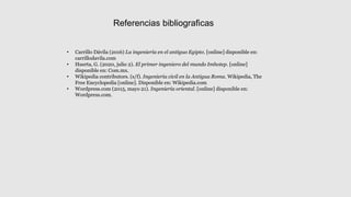 Referencias bibliograficas
• Carrillo Dávila (2016) La ingeniería en el antiguo Egipto. [online] disponible en:
carrillodavila.com
• Huerta, G. (2020, julio 2). El primer ingeniero del mundo Imhotep. [online]
disponible en: Com.mx.
• Wikipedia contributors. (s/f). Ingeniería civil en la Antigua Roma. Wikipedia, The
Free Encyclopedia [online]. Disponible en: Wikipedia.com
• Wordpress.com (2015, mayo 21). Ingeniería oriental. [online] disponible en:
Wordpress.com.
 