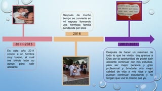 2017-2021
En este año 2011
conocí a un hombre
muy bueno, el cual
me brindo todo su
apoyo para salir
adelante
Después de mucho
tiempo se convierte en
mi esposo formando
una hermosa familia
bendecida por Dios
Después de hacer un resumen de
todo lo que he vivido, doy gracias a
Dios por la oportunidad de poder salir
adelante continuar con mis estudios,
para ser mejor persona y gran
profesional y brindarle una mejor
calidad de vida a mis hijos y que
puedan continuar estudiando y no
tengan que vivir lo mismo que yo.
2016
2011-2015
 