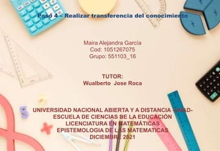 Paso 4 – Realizar transferencia del conocimiento
Maira Alejandra García
Cod: 1051267075
Grupo: 551103_16
TUTOR:
Wualberto Jose Roca
UNIVERSIDAD NACIONAL ABIERTA Y A DISTANCIA -UNAD-
ESCUELA DE CIENCIAS DE LA EDUCACIÓN
LICENCIATURA EN MATEMÁTICAS
EPISTEMOLOGIA DE LAS MATEMATICAS
DICIEMBRE 2021
 