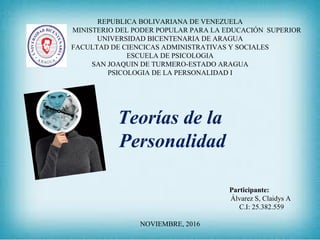 REPUBLICA BOLIVARIANA DE VENEZUELA
MINISTERIO DEL PODER POPULAR PARA LA EDUCACIÓN SUPERIOR
UNIVERSIDAD BICENTENARIA DE ARAGUA
FACULTAD DE CIENCICAS ADMINISTRATIVAS Y SOCIALES
ESCUELA DE PSICOLOGIA
SAN JOAQUIN DE TURMERO-ESTADO ARAGUA
PSICOLOGIA DE LA PERSONALIDAD I
Teorías de la
Personalidad
Participante:
Álvarez S, Claidys A
C.I: 25.382.559
NOVIEMBRE, 2016
 