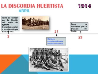 LA DISCORDIA HUERTISTA
                    ABRIL
Toma de Torreón
por la División
del Norte del
Ejército                                        Toma         de
Constitucionalist                               Zacatecas por la
a encabezada por                                División     del
Pancho Villa.                      21           Norte.


     3                                                 23
                            Marines
                            estadounidenses
                            invaden Veracruz.
 
