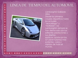 LINEA DE  TIEMPO DEL AUTOMOVIL1769Lamborghini Gallardo 2004Desde los primeros coupes deportivos hasta los actuales “Murciélago” y “Gallardo“, los Lamborghini siempre se han destacado por sus brillantes prestaciones y sus diseños exóticos, quizás son los GT (Gran turismo) más potentes, caros y rápidos de todo el mundo.17701885189518971924200920102005200020041988