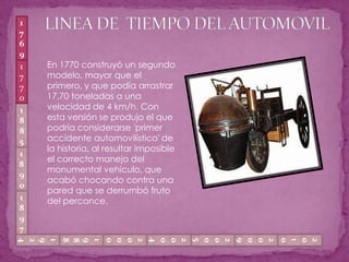LINEA DE  TIEMPO DEL AUTOMOVIL1769En 1770 construyó un segundo modelo, mayor que el primero, y que podía arrastrar 17,70 toneladas a una velocidad de 4 km/h. Con esta versión se produjo el que podría considerarse 'primer accidente automovilístico' de la historia, al resultar imposible el correcto manejo del monumental vehículo, que acabó chocando contra una pared que se derrumbó fruto del percance. 17701885189018971924198820092010200520002004
