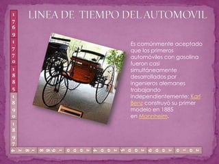 LINEA DE  TIEMPO DEL AUTOMOVIL17691770Es comúnmente aceptado que los primeros automóviles con gasolina fueron casi simultáneamente desarrollados por ingenieros alemanes trabajando independientemente: Karl Benz construyó su primer modelo en 1885 en Mannheim. 1885189018971824198820092010200520002004