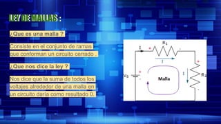 LEY DE MALLAS :
¿Que es una malla ?
Consiste en el conjunto de ramas
que conforman un circuito cerrado .
¿Que nos dice la ley ?
Nos dice que la suma de todos los
voltajes alrededor de una malla en
un circuito daría como resultado 0.
LEY DE MALLAS :
 