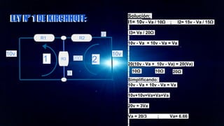 LEY N° 1 DE KIRCHHOFF:
R3
R1 R2
I1 I2
10Ω 10Ω
20Ω
I3
1 2
10v 10v
Solución:
I1= 10v - Va / 10Ω ; I2= 15v - Va / 15Ω
I3= Va / 20Ω
10v - Va + 10v - Va = Va
20(10v - Va + 10v - Va) = 20(Va)
Simplificando:
10v - Va + 10v - Va = Va
10v+10v=Va+Va+Va
20v = 3Va
Va = 20/3 ; Va= 6.66
10Ω 10Ω 20Ω
LEY N° 1 DE KIRCHHOFF:
 