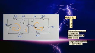 Hallar la :
● I1
● I2
● I3
+
-
+
-
+
-
- Primero le ponemos
la polaridad
correspondiente a
cada fuente
- Luego identificamos
las corrientes .
I2
I1 I3
 