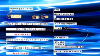 - Sabemos que la I1 + I2 =
I3
Malla 1 : 2V + 4V = 2 I1 + 2 I1 + 4 (I1+I2)
6V = 2 I1 + 2 I1 + 4 I1 + 4 I2
6V = 8 I1 + 4 I2
Malla 2 : 2V + 4V = 3 I2 + 1 I2 + 4 ( I1 + I2
)
6V = 3 I2 + 1 I2 + 4 I1 + 4 I2
6V = 8 I2 + 4 I1
V = 0 V = IR
I1 = I2
8 I1 + 4 I2 = 8 I2 + 4 I1
8 I1 - 4 I1 = 8 I2 - 4 I2
4 I1 = 4 I2 ( simplificar )
I1 = I2
En este caso utilizare la malla 1 :
6V = 8 I1 + 4 I1
6V = 12 I1
I1 = 0,5 A
Decimos entonces que I2 = 0,5
I1 + I2 = I3 = 0,5 A+ 0,5 A= 1 A
 