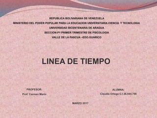LINEA DE TIEMPO
ALUMNA:
Claudia Ortega C.I 26.944.756
PROFESOR:
Prof. Carmen Marín
MARZO 2017
 