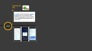 2018
Android 9.0
Pie
la versión final fue lanzada en agosto
de 2018 tras cinco versiones beta,
aunque en este caso no hubo revisión
menor. Android Pie solo hay uno: la
versión 9.0.
 