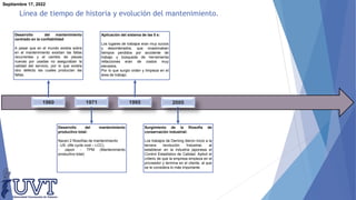 Desarrollo del mantenimiento
centrado en la confiabilidad
A pesar que en el mundo existía sobre
en el mantenimiento existían las fallas
recurrentes y el cambio de piezas
nuevas por usadas no aseguraban la
calidad del servicio, por lo que existía
otro defecto las cuales producían las
fallas.
1960
Septiembre 17, 2022
1971
Desarrollo del mantenimiento
productivo total:
Nacen 2 filosofías de mantenimiento
- US -(life cycle cost – LCC).
- Japon - TPM (Mantenimiento
productivo total)
Aplicación del sistema de las 5 s:
Los lugares de trabajos eran muy sucios
y desordenados, que ocasionaban
tiempos perdidos por accidente de
trabajo y búsqueda de herramienta
refacciones eran de costos muy
elevados.
Por lo que surgio orden y limpieza en el
área de trabajo.
1995
Surgimiento de la filosofía de
conservación industrial:
Los trabajos de Deming dieron inicio a la
tercera revolución Industrial, al
establecer en la industria japonesa el
Control Estadístico de Calidad. Aplicó el
criterio de que la empresa empieza en el
proveedor y termina en el cliente, al que
se le considera lo más importante
2005
Línea de tiempo de historia y evolución del mantenimiento.
 