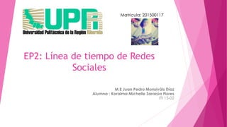 EP2: Línea de tiempo de Redes
Sociales
M.E Juan Pedro Monsiváis Díaz
Alumna : Koraima Michelle Zarazúa Flores
ITI 15-02
Matricula: 201500117
 