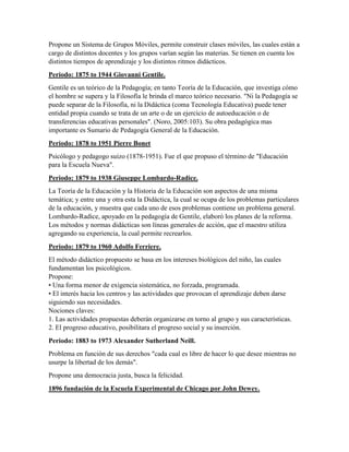 Propone un Sistema de Grupos Móviles, permite construir clases móviles, las cuales están a
cargo de distintos docentes y los grupos varían según las materias. Se tienen en cuenta los
distintos tiempos de aprendizaje y los distintos ritmos didácticos.
Periodo: 1875 to 1944 Giovanni Gentile.
Gentile es un teórico de la Pedagogía; en tanto Teoría de la Educación, que investiga cómo
el hombre se supera y la Filosofía le brinda el marco teórico necesario. "Ni la Pedagogía se
puede separar de la Filosofía, ni la Didáctica (coma Tecnología Educativa) puede tener
entidad propia cuando se trata de un arte o de un ejercicio de autoeducación o de
transferencias educativas personales". (Noro, 2005:103). Su obra pedagógica mas
importante es Sumario de Pedagogía General de la Educación.
Periodo: 1878 to 1951 Pierre Bonet
Psicólogo y pedagogo suizo (1878-1951). Fue el que propuso el término de "Educación
para la Escuela Nueva".
Periodo: 1879 to 1938 Giuseppe Lombardo-Radice.
La Teoría de la Educación y la Historia de la Educación son aspectos de una misma
temática; y entre una y otra esta la Didáctica, la cual se ocupa de los problemas particulares
de la educación, y muestra que cada uno de esos problemas contiene un problema general.
Lombardo-Radice, apoyado en la pedagogía de Gentile, elaboró los planes de la reforma.
Los métodos y normas didácticas son líneas generales de acción, que el maestro utiliza
agregando su experiencia, la cual permite recrearlos.
Periodo: 1879 to 1960 Adolfo Ferriere.
El método didáctico propuesto se basa en los intereses biológicos del niño, las cuales
fundamentan los psicológicos.
Propone:
• Una forma menor de exigencia sistemática, no forzada, programada.
• El interés hacia los centros y las actividades que provocan el aprendizaje deben darse
siguiendo sus necesidades.
Nociones claves:
1. Las actividades propuestas deberán organizarse en torno al grupo y sus características.
2. El progreso educativo, posibilitara el progreso social y su inserción.
Periodo: 1883 to 1973 Alexander Sutherland Neill.
Problema en función de sus derechos "cada cual es libre de hacer lo que desee mientras no
usurpe la libertad de los demás".
Propone una democracia justa, busca la felicidad.
1896 fundación de la Escuela Experimental de Chicago por John Dewey.
 