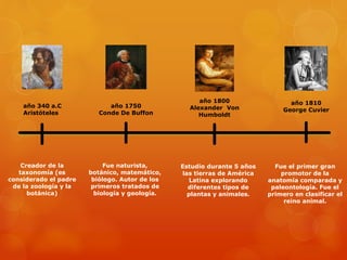año 340 a.C 
Aristóteles 
Creador de la 
taxonomía (es 
considerado el padre 
de la zoología y la 
botánica) 
año 1750 
Conde De Buffon 
Fue naturista, 
botánico, matemático, 
biólogo. Autor de los 
primeros tratados de 
biología y geología. 
año 1800 
Alexander Von 
Humboldt 
Estudio durante 5 años 
las tierras de América 
Latina explorando 
diferentes tipos de 
plantas y animales. 
año 1810 
George Cuvier 
Fue el primer gran 
promotor de la 
anatomía comparada y 
paleontología. Fue el 
primero en clasificar el 
reino animal. 
 