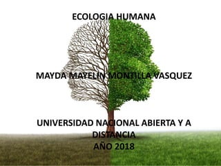 ECOLOGIA HUMANA
MAYDA MAYELIN MONTILLA VASQUEZ
UNIVERSIDAD NACIONAL ABIERTA Y A
DISTANCIA
AÑO 2018
 