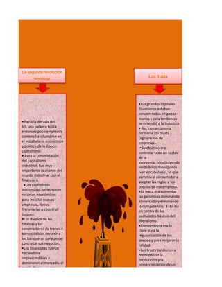 La segunda revolución
                                  Los trusts
       industrial




                            •Los grandes capitales
                            financieros estaban
                            concentrados en pocas
                            manos y esta tendencia
•Hacia la década del        se extendió a la industria.
60, una palabra hasta       • Así, comenzaron a
entonces poco empleada      formarse los trusts
comenzó a difundirse en     (agrupación de
el vocabulario económico    empresas).
y político de la época:      •Su objetivo era
capitalismo.                controlar todo un sector
• Para la consolidación     de la
del capitalismo             economía, constituyendo
industrial, fue muy         verdaderos monopolios
importante la alianza del   (ver Vocabulario), lo que
mundo industrial con el     sometía al consumidor a
financiero.                 aceptar las reglas y los
  •Los capitalistas         precios de esa empresa.
industriales necesitaban    •La meta era aumentar
recursos económicos         las ganancias dominando
para instalar nuevas        el mercado y eliminando
empresas, líneas            la competencia. Esto iba
ferroviarias o construir    en contra de los
buques.                     postulados básicos del
•Los dueños de las          liberalismo.
fábricas y los              •Competencia era la
constructores de trenes y   clave para la
barcos debían recurrir a    regularización de los
los banqueros para poder    precios y para mejorar la
concretar sus negocios.     calidad.
•Los financistas fueron     •Los trusts tendieron a
haciéndose                  monopolizar la
imprescindibles y           producción y la
dominaron el mercado, al    comercialización de un
que le dieron un nuevo      determinado producto
 