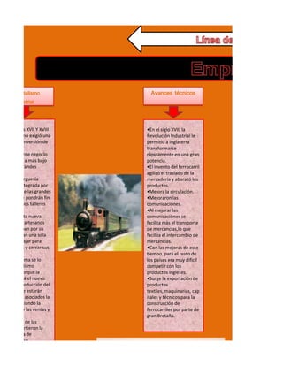 El capitalismo             Avances técnicos
       industrial




•En los siglos XVII Y XVIII   •En el siglo XVII, la
el maquinismo exigió una      Revolución Industrial le
mportante inversión de        permitió a Inglaterra
                              transformarse
•Lo importante negocio        rápidamente en una gran
era producir a más bajo       potencia.
costo y en grandes            •El invento del ferrocarril
cantidades.                   agilizó el traslado de la
•Nació la burguesía           mercadería y abarató los
 ndustrial, integrada por     productos.
 os dueños de las grandes     •Mejora la circulación.
 ábricas, que pondrán fin     •Mejoraron las
a los pequeños talleres       comunicaciones.
artesanales.                  •Al mejorar las
•Frente a esta nueva          comunicaciònes se
 ealidad, los artesanos       facilita màs el transporte
que trabajaban por su         de mercancias,lo que
cuenta, tenían una sola       facilita el intercambio de
opción: trabajar para         mercancias.
esas fábricas y cerrar sus    •Con las mejoras de este
                              tiempo, para el resto de
•A este sistema se lo         los países era muy difícil
 lamó capitalismo             competir con los
 ndustrial, porque la         productos ingleses.
 ndustria será el nuevo       •Surge la exportación de
centro de producción del      productos
capital al que estarán        textiles, maquinarias, cap
 ógicamente asociados la      itales y técnicos para la
banca financiando la          construcción de
producción y las ventas y     ferrocarriles por parte de
el comercio.                  gran Bretaña.
•Los dueños de las
 ábricas advirtieron la
conveniencia de
diversificar sus
 