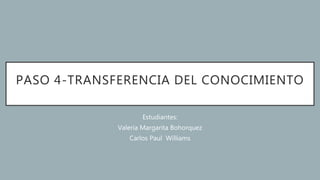 PASO 4-TRANSFERENCIA DEL CONOCIMIENTO
Estudiantes:
Valeria Margarita Bohorquez
Carlos Paul Williams
 