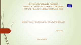 REPUBLICA BOLIVARIANA DE VENEZUELA
UNIVERSIDAD PEDAGOGICA EXPERIMENTAL LIBERTADOR
INSTITUTO PEDAGOGICO LIBERTADOR GERVASIO RUBIO
RUBIO ABRIL 2018
LINEA DE TIEMPO EVOLUCION SISTEMA EDUCATIVO VENEZOLANO
Zulgey Garcia
 