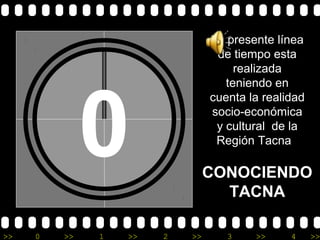 >> 0 >> 1 >> 2 >> 3 >> 4 >>
0
La presente línea
de tiempo esta
realizada
teniendo en
cuenta la realidad
socio-económica
y cultural de la
Región Tacna
CONOCIENDO
TACNA
 