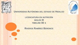 UNIVERSIDAD AUTÓNOMA DEL ESTADO DE HIDALGO
LICENCIATURA EN NUTRICIÓN
INGLES III
TIMELINE 80 S

RIVEROS RAMÍREZ BERENICE

 