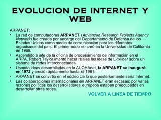 EVOLUCION DE INTERNET Y WEB <ul><li>ARPANET: </li></ul><ul><li>La red de computadoras  ARPANET  ( Advanced Research Projec...