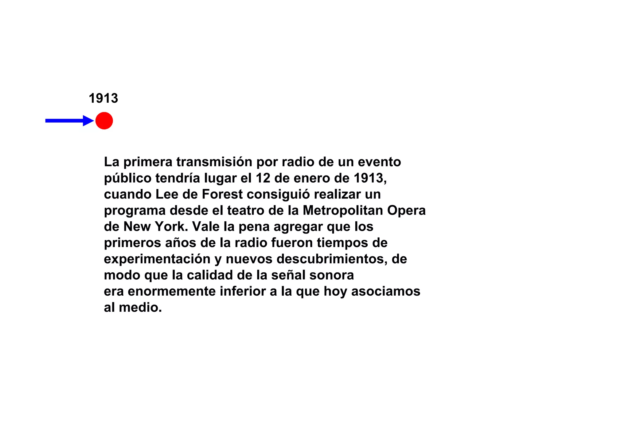 1913



  La primera transmisión por radio de un evento
  público tendría lugar el 12 de enero de 1913,
  cuando Lee de Forest consiguió realizar un
  programa desde el teatro de la Metropolitan Opera
  de New York. Vale la pena agregar que los
  primeros años de la radio fueron tiempos de
  experimentación y nuevos descubrimientos, de
  modo que la calidad de la señal sonora
  era enormemente inferior a la que hoy asociamos
  al medio.
 