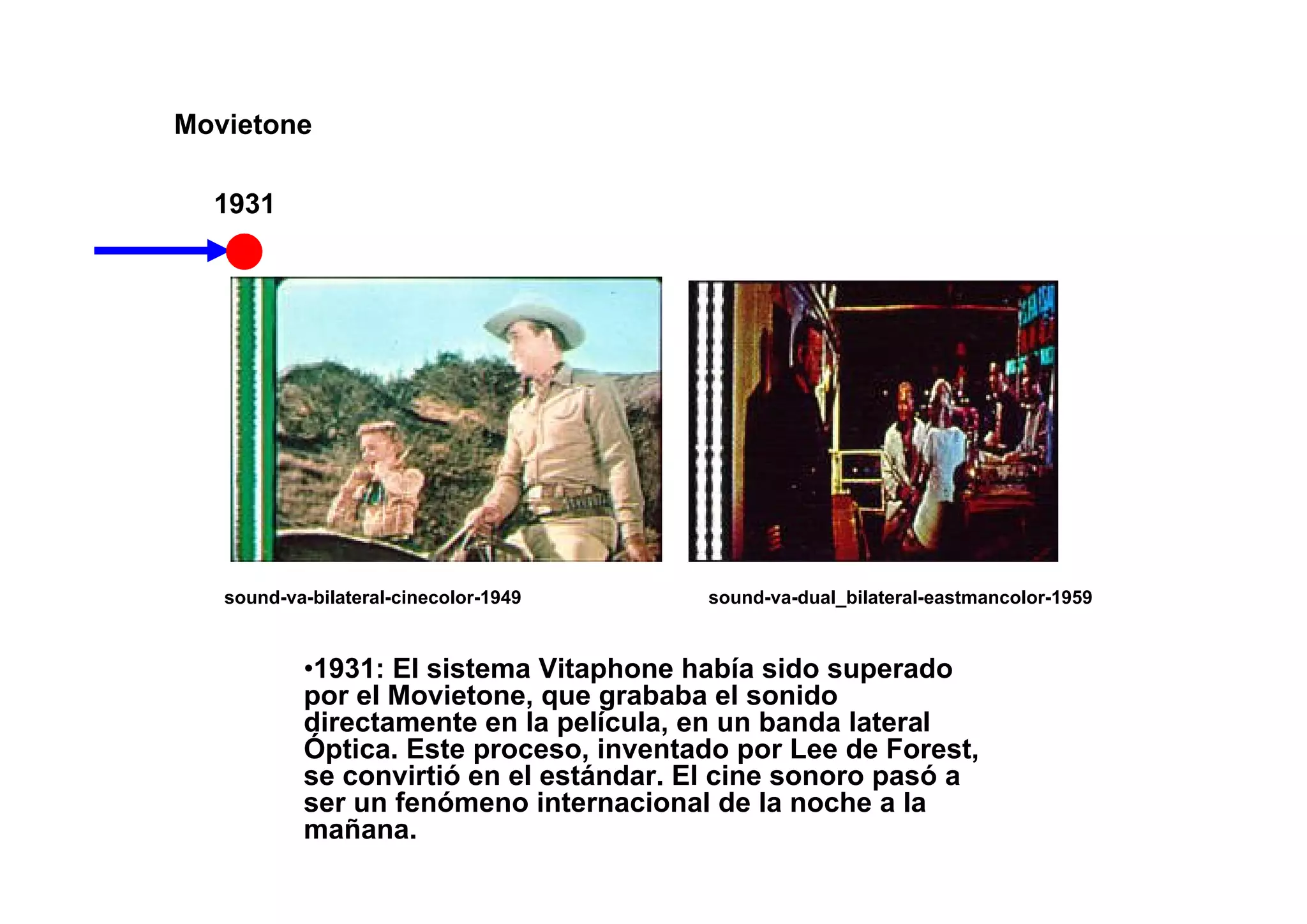 Movietone

  1931




   sound-va-bilateral-cinecolor-1949    sound-va-dual_bilateral-eastmancolor-1959


           •1931: El sistema Vitaphone había sido superado
           por el Movietone, que grababa el sonido
           directamente en la película, en un banda lateral
           Óptica. Este proceso, inventado por Lee de Forest,
           se convirtió en el estándar. El cine sonoro pasó a
           ser un fenómeno internacional de la noche a la
           mañana.
 