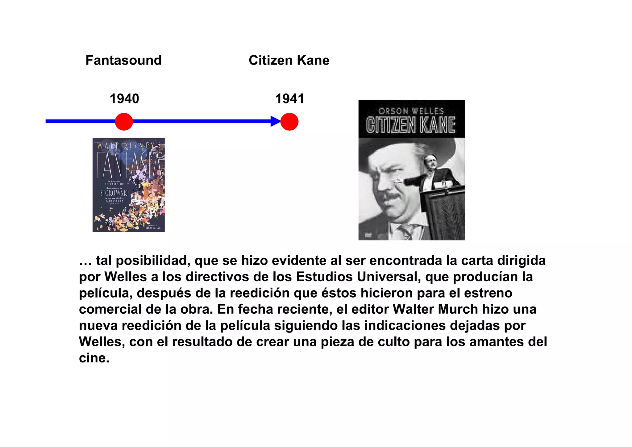 Fantasound                Citizen Kane

    1940                       1941




… tal posibilidad, que se hizo evidente al ser encontrada la carta dirigida
por Welles a los directivos de los Estudios Universal, que producían la
película, después de la reedición que éstos hicieron para el estreno
comercial de la obra. En fecha reciente, el editor Walter Murch hizo una
nueva reedición de la película siguiendo las indicaciones dejadas por
Welles, con el resultado de crear una pieza de culto para los amantes del
cine.
 