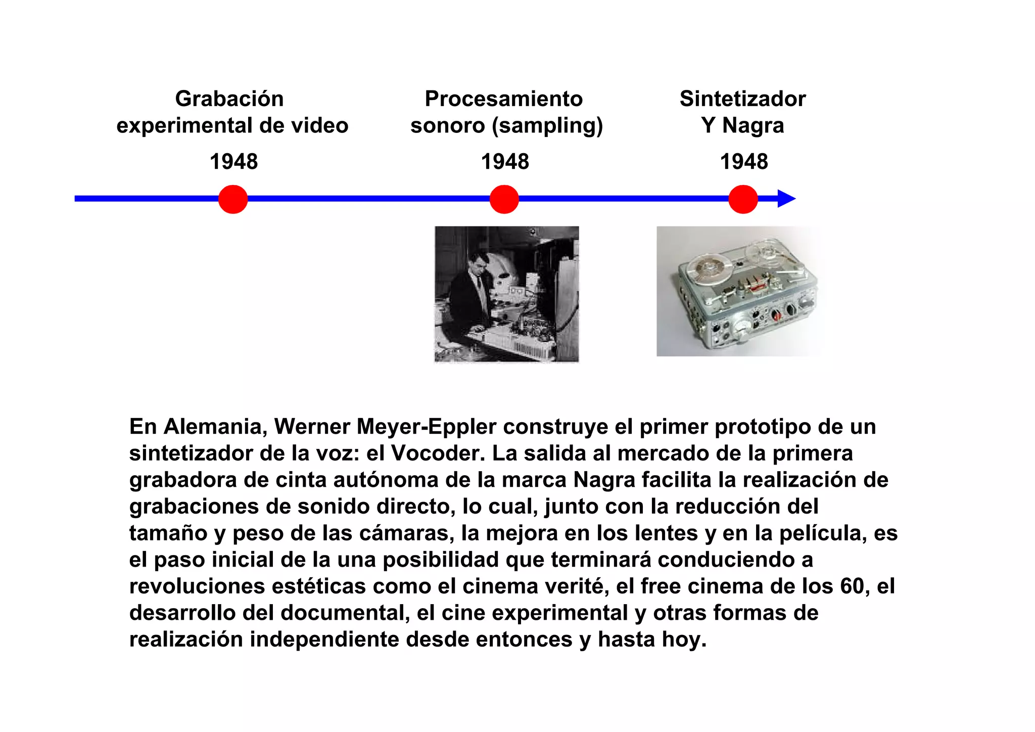 Grabación               Procesamiento           Sintetizador
experimental de video       sonoro (sampling)          Y Nagra
        1948                      1948                   1948




 En Alemania, Werner Meyer-Eppler construye el primer prototipo de un
 sintetizador de la voz: el Vocoder. La salida al mercado de la primera
 grabadora de cinta autónoma de la marca Nagra facilita la realización de
 grabaciones de sonido directo, lo cual, junto con la reducción del
 tamaño y peso de las cámaras, la mejora en los lentes y en la película, es
 el paso inicial de la una posibilidad que terminará conduciendo a
 revoluciones estéticas como el cinema verité, el free cinema de los 60, el
 desarrollo del documental, el cine experimental y otras formas de
 realización independiente desde entonces y hasta hoy.
 