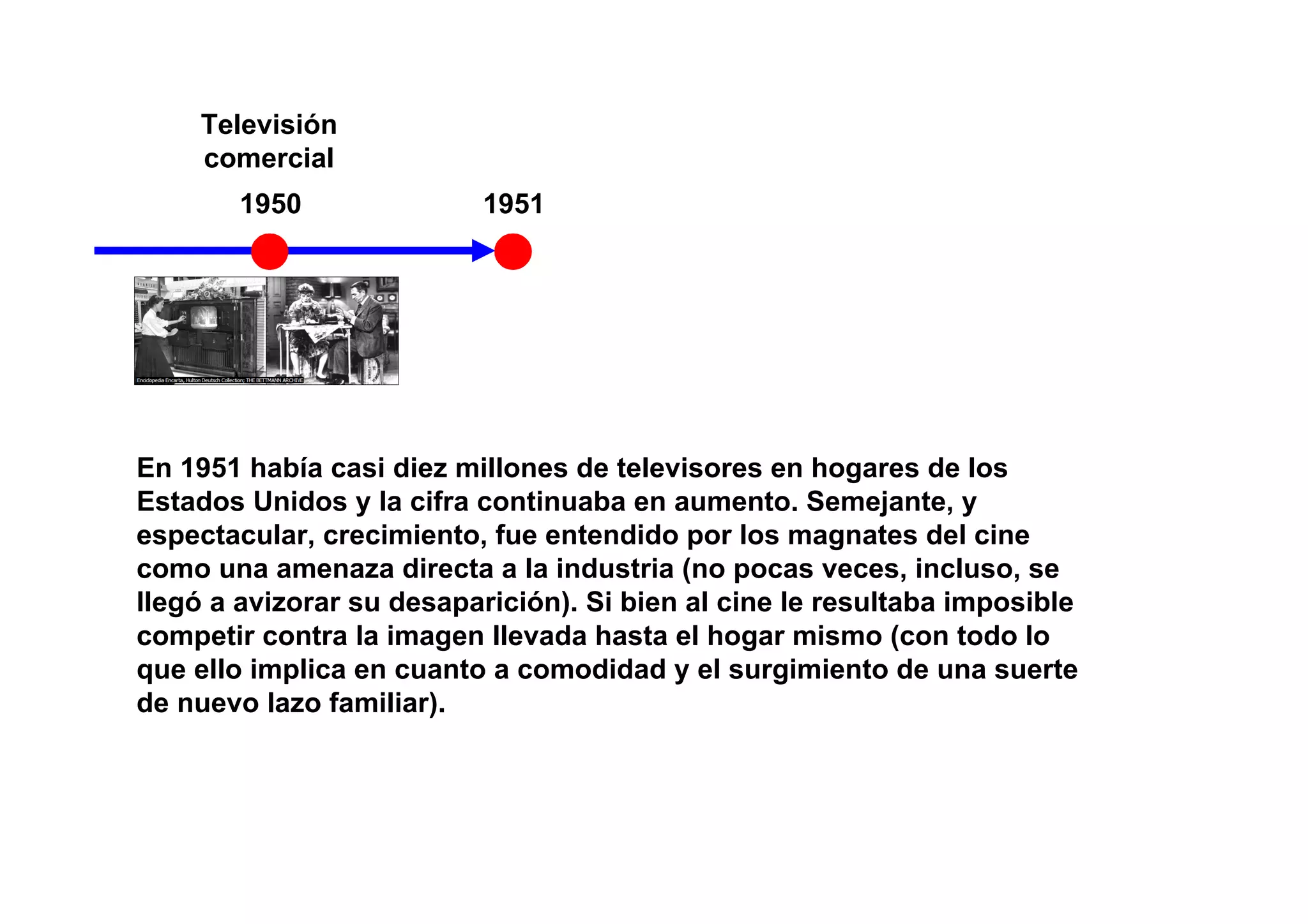 Televisión
    comercial
       1950               1951




En 1951 había casi diez millones de televisores en hogares de los
Estados Unidos y la cifra continuaba en aumento. Semejante, y
espectacular, crecimiento, fue entendido por los magnates del cine
como una amenaza directa a la industria (no pocas veces, incluso, se
llegó a avizorar su desaparición). Si bien al cine le resultaba imposible
competir contra la imagen llevada hasta el hogar mismo (con todo lo
que ello implica en cuanto a comodidad y el surgimiento de una suerte
de nuevo lazo familiar).
 