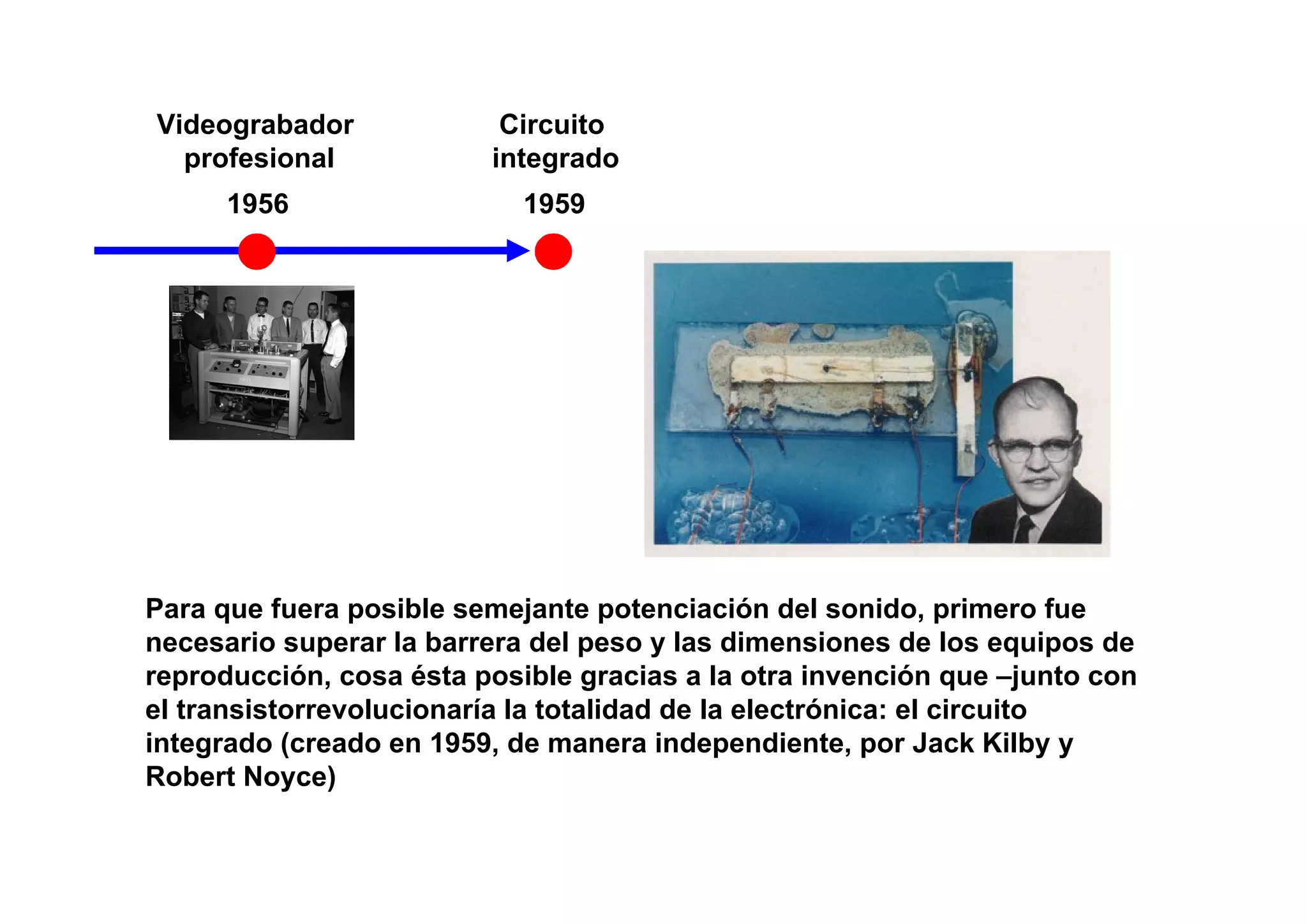 Videograbador             Circuito
  profesional            integrado
      1956                  1959




Para que fuera posible semejante potenciación del sonido, primero fue
necesario superar la barrera del peso y las dimensiones de los equipos de
reproducción, cosa ésta posible gracias a la otra invención que –junto con
el transistorrevolucionaría la totalidad de la electrónica: el circuito
integrado (creado en 1959, de manera independiente, por Jack Kilby y
Robert Noyce)
 