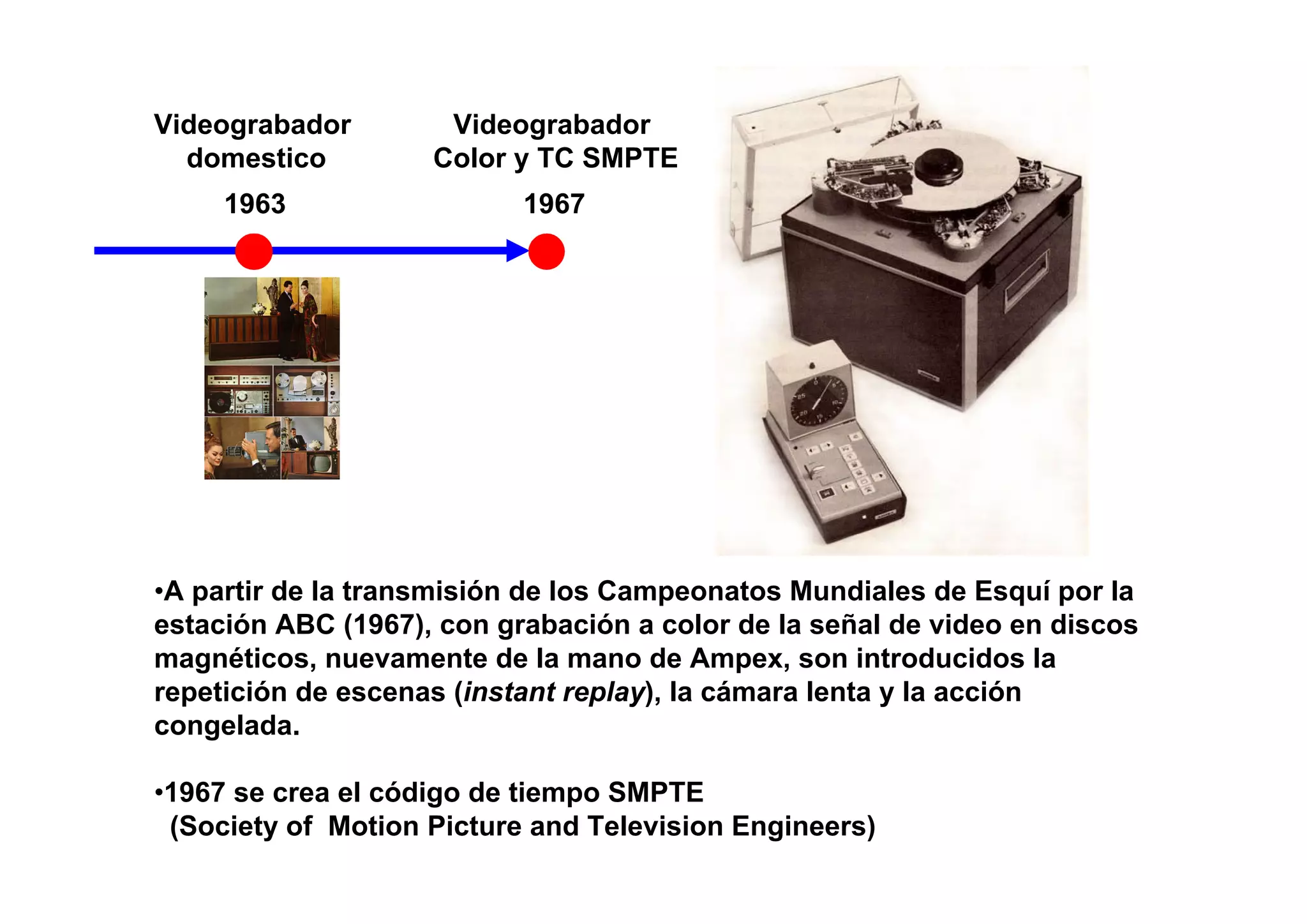 Videograbador        Videograbador
  domestico         Color y TC SMPTE
     1963                  1967




•A partir de la transmisión de los Campeonatos Mundiales de Esquí por la
estación ABC (1967), con grabación a color de la señal de video en discos
magnéticos, nuevamente de la mano de Ampex, son introducidos la
repetición de escenas (instant replay), la cámara lenta y la acción
congelada.

•1967 se crea el código de tiempo SMPTE
 (Society of Motion Picture and Television Engineers)
 
