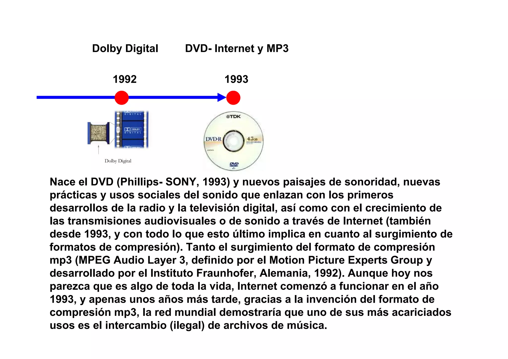 Dolby Digital     DVD- Internet y MP3

            1992                  1993




Nace el DVD (Phillips- SONY, 1993) y nuevos paisajes de sonoridad, nuevas
prácticas y usos sociales del sonido que enlazan con los primeros
desarrollos de la radio y la televisión digital, así como con el crecimiento de
las transmisiones audiovisuales o de sonido a través de Internet (también
desde 1993, y con todo lo que esto último implica en cuanto al surgimiento de
formatos de compresión). Tanto el surgimiento del formato de compresión
mp3 (MPEG Audio Layer 3, definido por el Motion Picture Experts Group y
desarrollado por el Instituto Fraunhofer, Alemania, 1992). Aunque hoy nos
parezca que es algo de toda la vida, Internet comenzó a funcionar en el año
1993, y apenas unos años más tarde, gracias a la invención del formato de
compresión mp3, la red mundial demostraría que uno de sus más acariciados
usos es el intercambio (ilegal) de archivos de música.
 