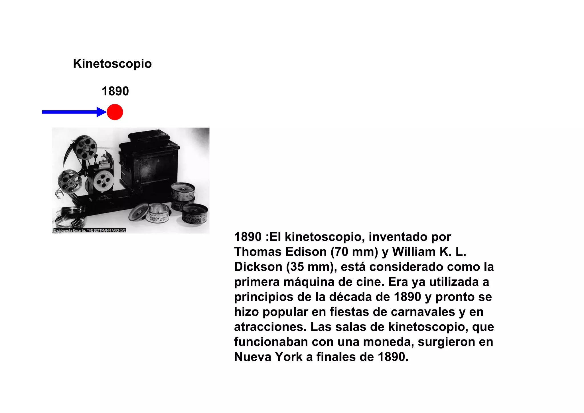Kinetoscopio

    1890




               1890 :El kinetoscopio, inventado por
               Thomas Edison (70 mm) y William K. L.
               Dickson (35 mm), está considerado como la
               primera máquina de cine. Era ya utilizada a
               principios de la década de 1890 y pronto se
               hizo popular en fiestas de carnavales y en
               atracciones. Las salas de kinetoscopio, que
               funcionaban con una moneda, surgieron en
               Nueva York a finales de 1890.
 