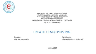 REPÚBLICA BOLIVARIANA DE VENEZUELA
UNIVERSIDAD BICENTENARIO DE ARAGUA
VICERECTORADO ACADEMICO
FACULTAD DE CIENCIAS ADMINISTRATIVAS Y SOCIALES
ESCUELA DE DERECHO
LINEA DE TIEMPO PERSONAL
Profesor: Participante:
MSc. Carmen Marín Liliana Morales CI: 12597962
Marzo, 2017
 