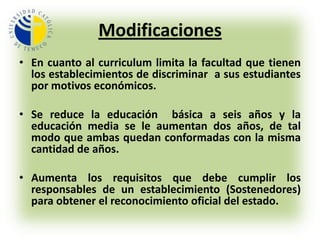 Libertad de enseñanza1.- Educación privada: al interior de la familia no sujeta a la ley 2.- Educación particularTodos los conventos mantendrán una escuela gratuita para hombres y monasterios de monjas para mujeres.De los docentesDiscriminación entre escuelas fiscales y particulares.