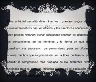 CONCLUSIONES
Esta actividad permitió determinar los

grandes rasgos de las

escuelas filosóficas con los efectos y las directrices educativas de
cada periodo histórico; dichas reflexiones denotan la influencia de
los pensamientos de los hombres y la forma en que estos
formalizan sus procesos

de pensamiento para su difusión y

análisis; hechos que se plasmaron en la línea de tiempo y así

permitir la comprensión mas profunda de los diferentes hechos
históricos para la reflexión filosófica acerca de la educación y su
proyección hasta nuestros días.

 
