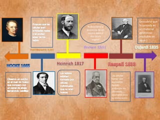 Redescubrió la
presencia de un
núcleo dentro
una célula
vegetal
Las células
toman por
aspiración
liquido
ambiente los
elemento
necesario para
su elaboración
Descubrió que
la sarcoda es
un material
gelatinoso
insoluble en
agua |