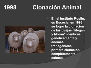1998   Clonación Animal
              En el Instituto Roslin,
               en Escocia, en 1998
               se logró la clonación
               de las ovejas "Megan
               y Moran" idénticas
               genéticamente y
               además
               transgénicas.
               primera clonación
               completamente
               exitosa
 