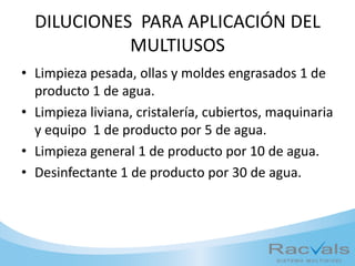 DILUCIONES PARA APLICACIÓN DEL
MULTIUSOS
• Limpieza pesada, ollas y moldes engrasados 1 de
producto 1 de agua.
• Limpieza liviana, cristalería, cubiertos, maquinaria
y equipo 1 de producto por 5 de agua.
• Limpieza general 1 de producto por 10 de agua.
• Desinfectante 1 de producto por 30 de agua.
 