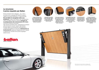 La sicurezza:
il primo requisito per Ballan
Diversi produttori hanno adeguato – più o meno –
le proprie porte da garage alle Direttive Europee in
materia di sicurezza antinfortuni, in vigore dal 2005.
                                                                1. Spazio di sicurezza di 25    2. Dispositivo paracadute      3. Zoccolatura inferiore in    4. Lampeggiante esterno tipo      5. Gli autocentranti di        6. Coppia di rilevatori di
Ma solo Ballan ha riprogettato tutta la sua                   mm fra la parte fissa e mobile   inserito nelle guide. Agisce   abs, di colore nero (50 mm)      ASK a led di lunga durata. È    chiusura garantiscono       presenza, applicati alle foderine
produzione in base a tali Direttive. Ne è dimostrazione       evita lo schiacciamento delle       in caso di rottura delle     con tappi laterali e profilo   posto sulla traversa superiore    il centraggio dell’anta    copripeso a 200 mm dalla porta.
                                                               dita. Le guarnizioni laterali    funi bloccando la caduta         di alluminio all’interno.         e incorpora l’antenna       mobile per rispettare gli     Bloccano istantaneamente il
il fatto che Ballan propone la versione manuale con            in gomma sono un ulteriore            dell’anta mobile.           Garantisce anche una          ricevente per il telecomando        spazi di sicurezza.      funzionamento della porta al
la predisposizione alla motorizzazione HF di serie                elemento di protezione.                                      perfetta chiusura tra anta                (optional).                                        passaggio di persone o cose.
                                                                                                                                  mobile e pavimento.                                                                                 (optional).
come per la versione motorizzata.
Tale soluzione permette perciò, l’applicazione successiva
dell’automazione nel pieno rispetto delle Direttive
Europee relative al funzionamento automatizzato e
consente all’installatore di rilasciare la Dichiarazione di
Conformità CE rispettando integralmente tutti i requisiti.
La garanzia più concreta che la porta da garage è
davvero sicura.




                                                                                                                                                                                          Vista interna porta basculante Linealegno HF
                                                                                                                                                                                          motorizzata con sistema di controllo ISY Ballan.
 